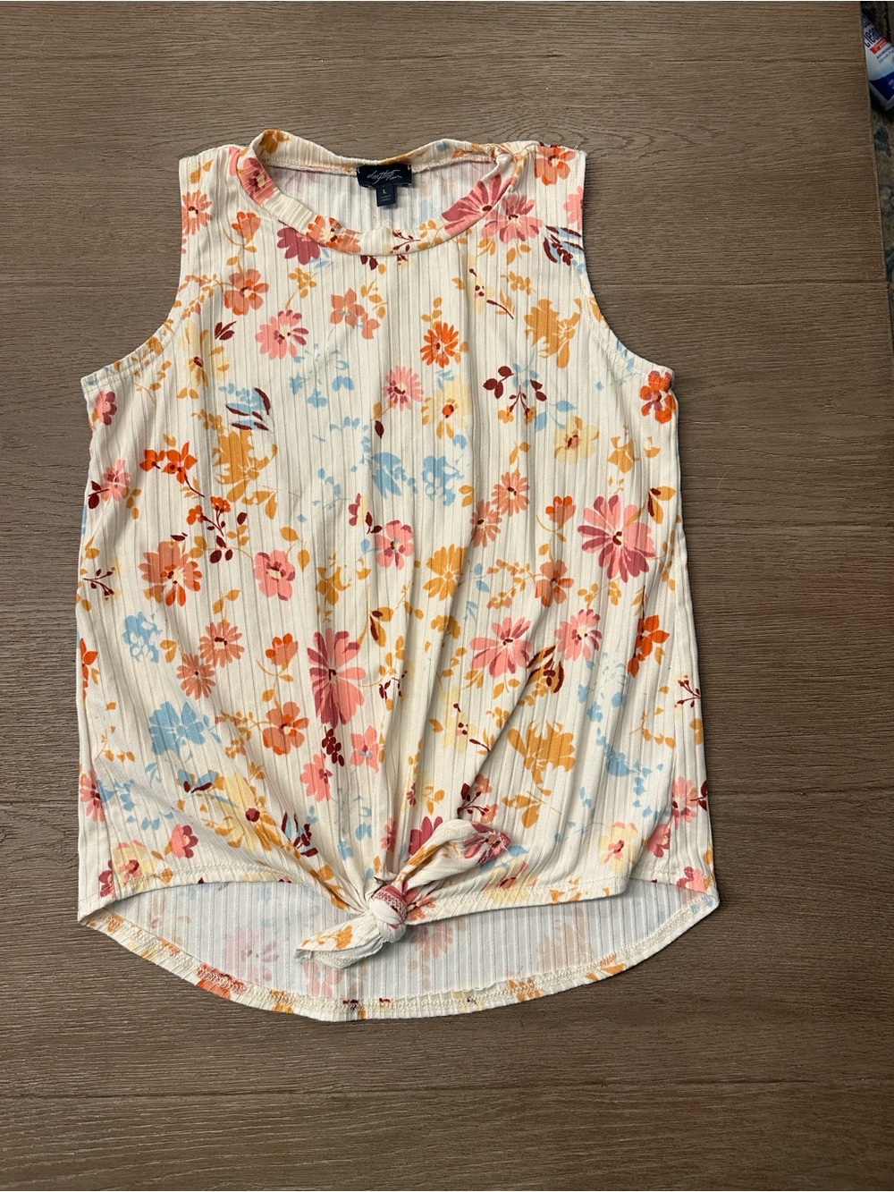 Daytrip Cream Floral Ribbed Sleeveless Tank with Pink, Yellow & Blue Flowers
